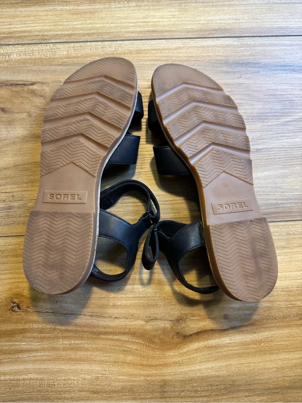 Sorel Black Faux Leather Two-Strap Velcro Ankle Sandals